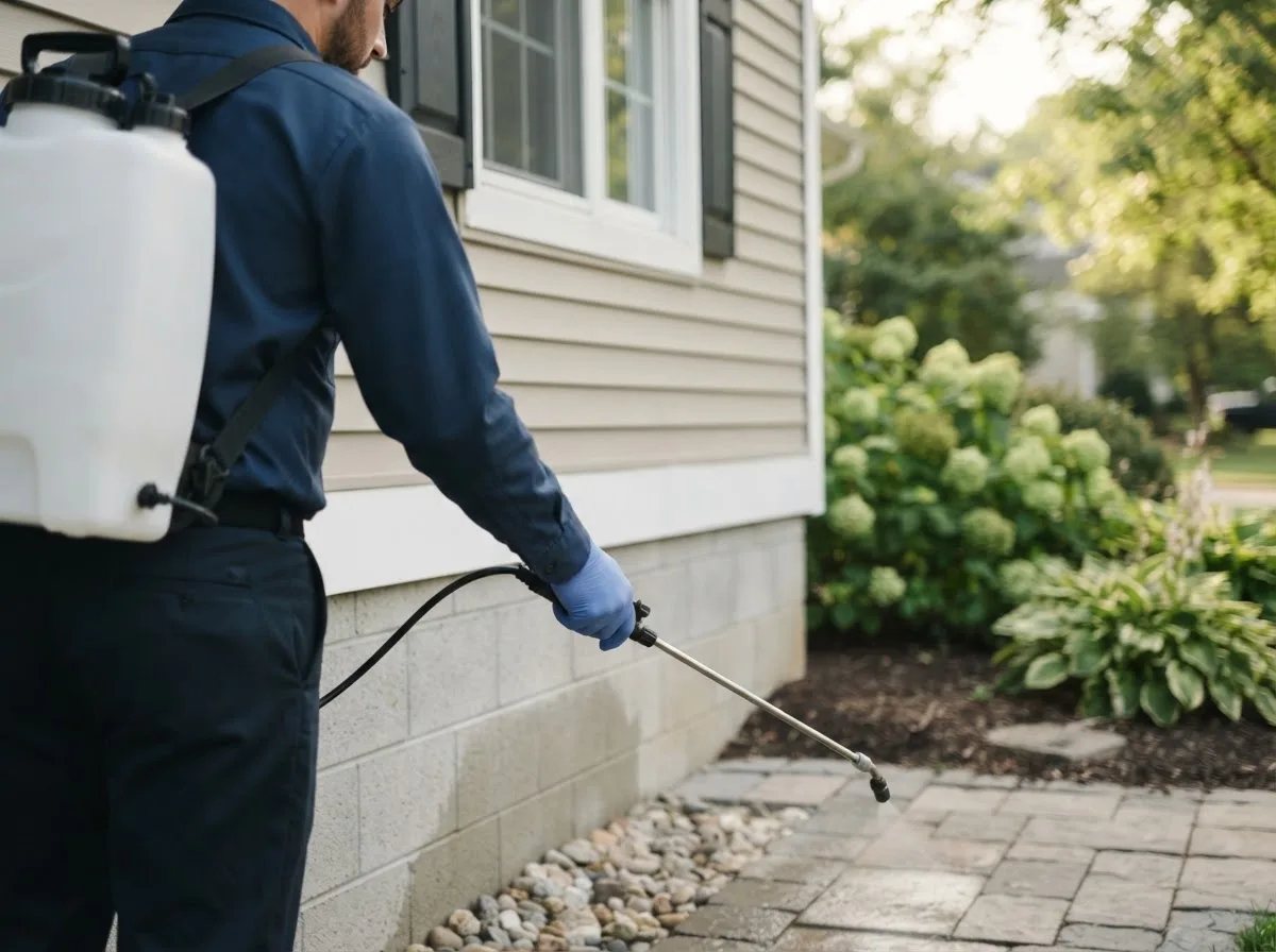 Pest control technician inspecting a home in Roseville, OH